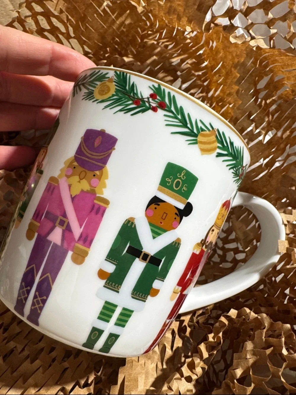 Holiday Nutcracker Ceramic Mug White Festive Green Pink Accents new Sur La Table